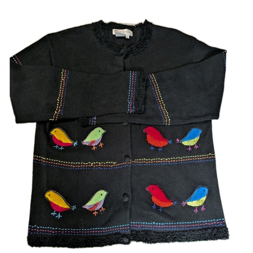 Vintage Great Cavalier Bird Novelty Cardigan Sweater Black M Furry Embroidered